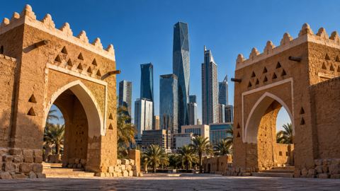 قوسان طينيان تاريخيان بجانب ناطحات سحاب الرياض الحديثة تحت سماء زرقاء