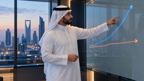 مسوّق سعودي يشير إلى المسار طويل المدى من مسارين على سبورة زجاجية