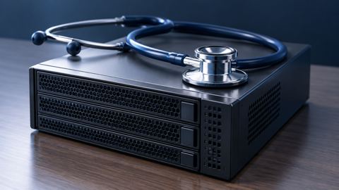 سماعة طبيب فوق جهاز خادم صغير على مكتب نظيف