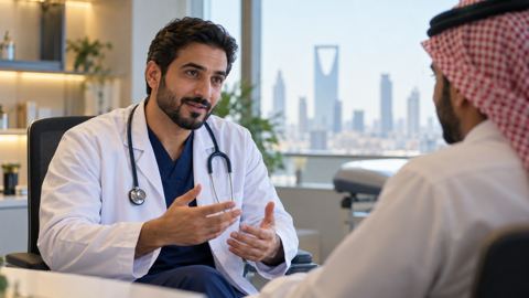 طبيب بمعطف أبيض وسماعة يتحدث مع رجل سعودي في عيادة تطل على الرياض