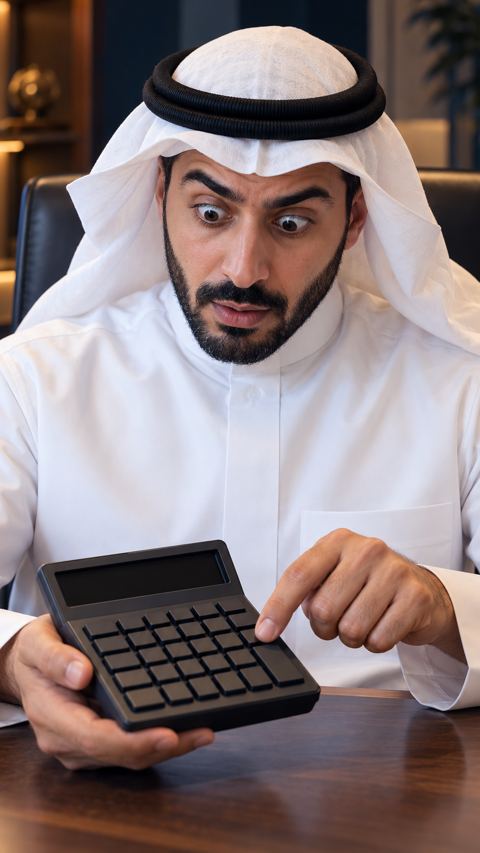 صاحب عمل سعودي بالثوب يحدّق مندهشاً في الآلة الحاسبة على مكتبه