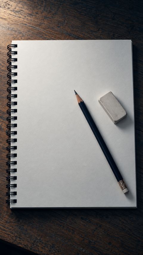 صفحة كراسة رسم فارغة وقلم رصاص وممحاة على مكتب