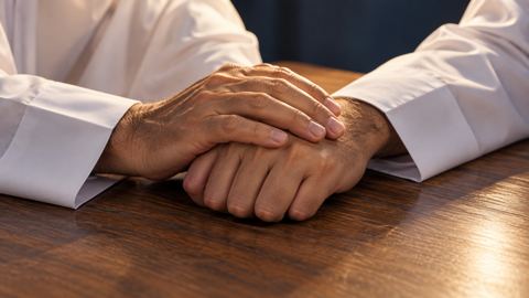 يد أب تستقر على يد ابنه الشاب فوق طاولة خشبية بأكمام الثوب الأبيض