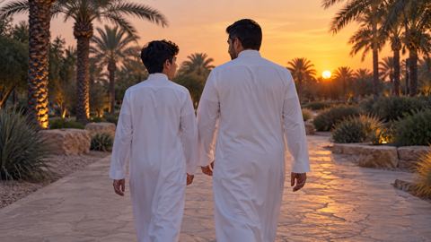 أب وابنه المراهق يمشيان على ممر حديقة وقت الغروب، من الخلف