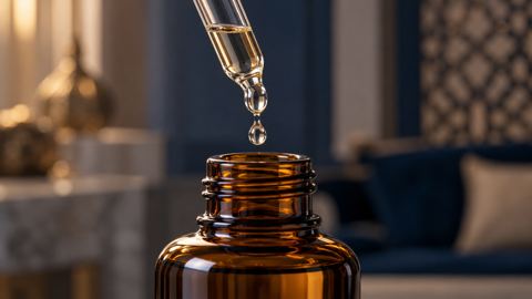 قطرات زيت شعر تنزل من قطارة زجاجية في قارورة كهرمانية