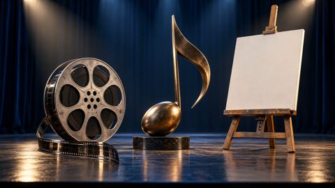 بكرة فيلم ومجسم نوتة موسيقية وحامل لوحة رسم على مسرح
