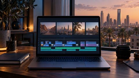 صانع أفلام يتأمل فيديو مكتملاً على اللابتوب ويفكر كيف ينشره