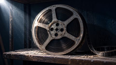 بكرة فيلم مكتملة يتراكم عليها الغبار فوق رف