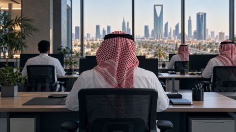 مكتب شركة تقنية مالية ناشئة فيه شباب على المكاتب، من الخلف
