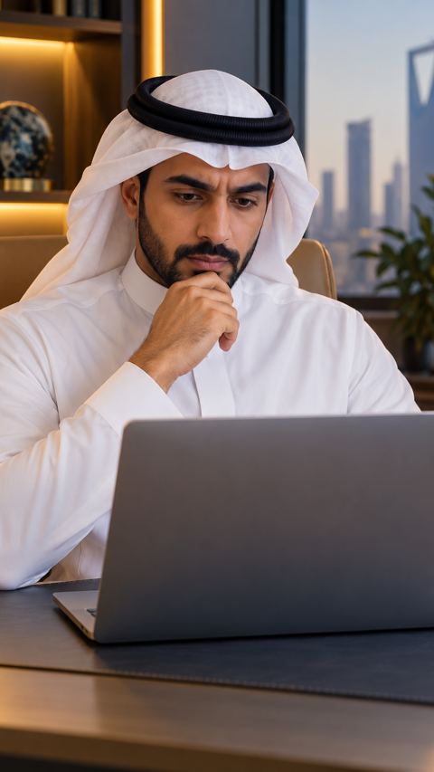 رائد أعمال سعودي يفكر ويده على ذقنه أمام اللابتوب