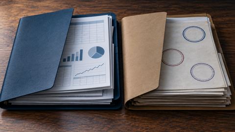 ملفان على مكتب خشبي، واحد فيه جداول مالية والآخر أختام رسمية