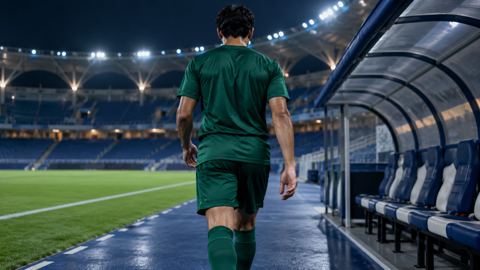 لاعب كرة قدم يخرج بسرعة من الملعب قرب خط التماس نحو الدكة