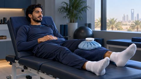 لاعب كرة قدم يرتاح على سرير العلاج الطبيعي وكمادة ثلج على ساقه