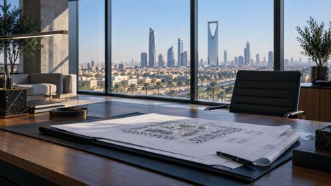 رائد أعمال أجنبي ببدلة رسمية يراجع ملف خطط في مكتب حديث بالرياض