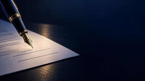 قلم حبر فوق عقد لم يُوقَّع على مكتب داكن