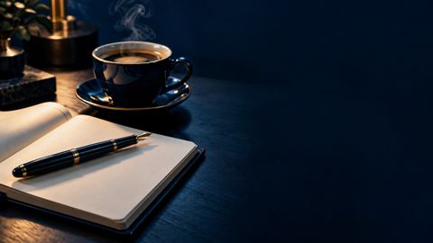 قلم، دفتر، كوب، قهوة