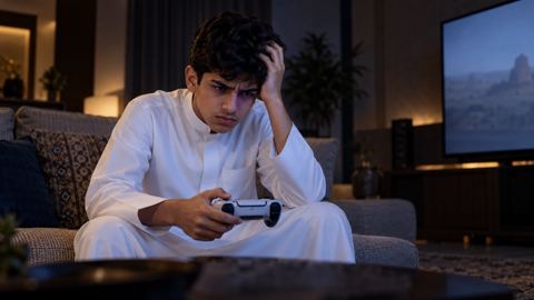 مراهق سعودي متضايق يمسك يد الألعاب في صالة خافتة واللعبة متوقفة