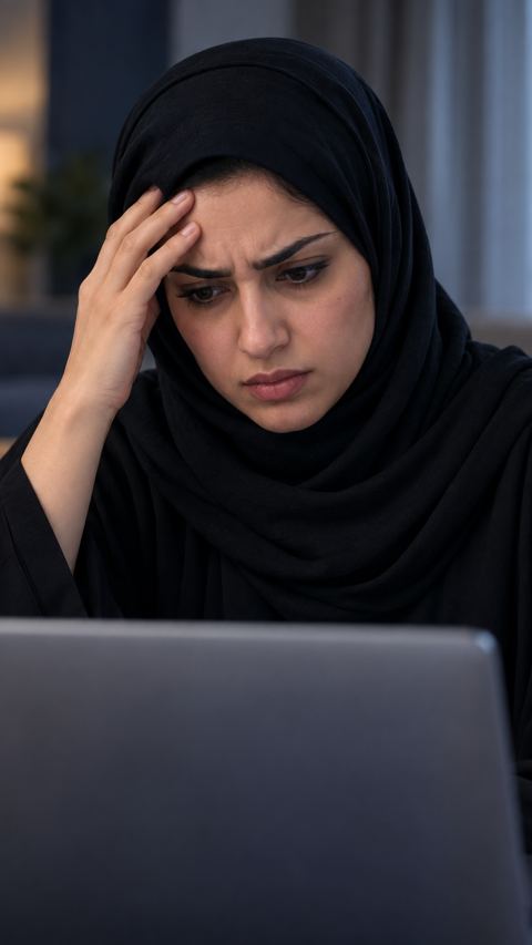 امرأة سعودية بالحجاب متضايقة تفرك جبينها أمام شاشة اللابتوب