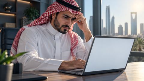صاحب موقع متضايق أمام لابتوب يعرض صفحة نتائج بحث فارغة