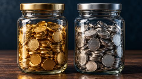 برطمانان زجاجيان يمتلئ أحدهما بعملات ذهبية والآخر بعملات فضية
