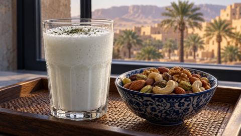 كوب لبن وصحن مكسرات على صينية فطور بجانب النافذة