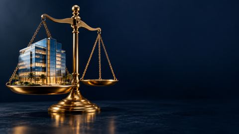 مجسم مبنى مكاتب زجاجي على ميزان نحاسي فوق خلفية كحلية