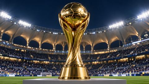 كأس كرة قدم ذهبية لامعة على منصة تحت أضواء الملعب