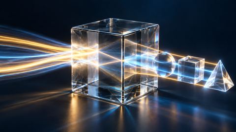 تيارات ضوء تدخل مكعباً زجاجياً وتخرج منه أشكالاً مرتبة
