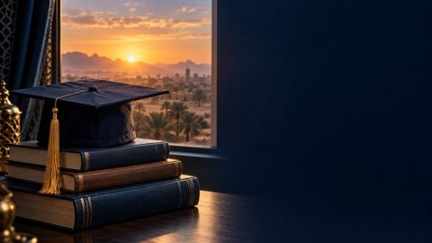 قبعة تخرج فوق كومة كتب بجانب النافذة وقت الشروق