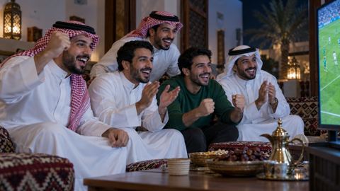 أصدقاء سعوديون في مجلس يشجعون المنتخب وهم يشاهدون المباراة