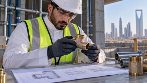 مهندس إنشاءات خليجي يطابق قطعة سباكة مع ورقة مواصفاتها على طاولة عمل