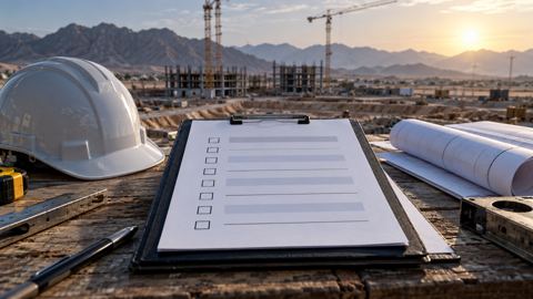 مشرف إنشاءات خليجي يراجع قائمة فحص مرتبة على لوح في مكتب الموقع