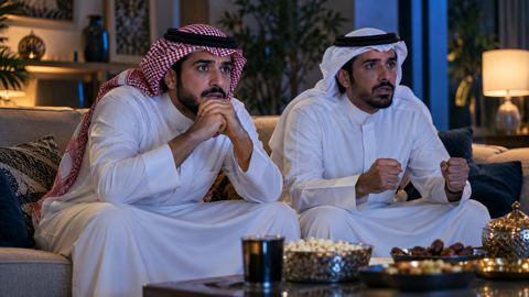صديقان خليجيان على الكنب يتابعان مباراة كرة قدم بحماس وأحدهما يميل للأمام