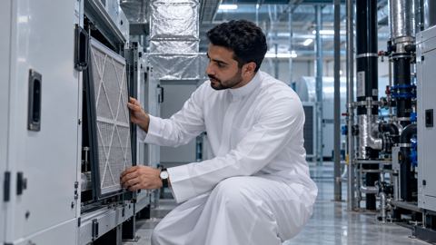 فني خليجي يفحص وحدة تكييف حديثة في غرفة معدات مبنى سعودي