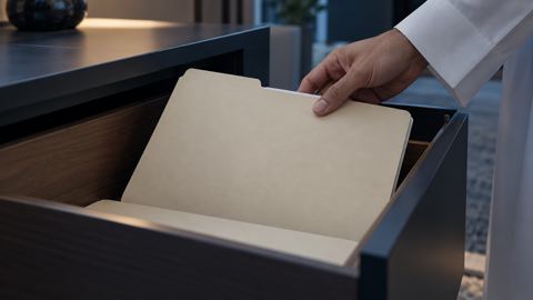 يد تعيد ملفاً إلى الدرج لمراجعته مرة ثانية