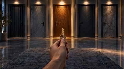 يد تمتد للباب الوحيد الذي يطابق مفتاحها في صف أبواب