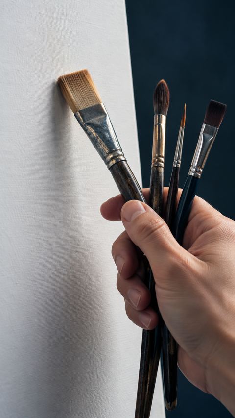 يد تجرب فرشاً مختلفة على لوحة رسم فارغة