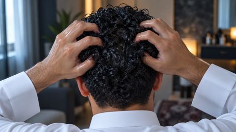 يدان تجمعان الشعر المجعد الرطب للأعلى بعد وضع كريم التجعيد