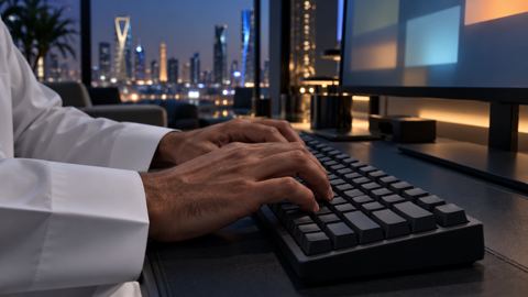 يدا موظف سعودي على لوحة مفاتيح ميكانيكية وشاشة عريضة فيها عدة نوافذ