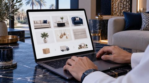 يدان تتصفحان كتالوج منتجات رقمياً بأيقونات توصيل على اللابتوب