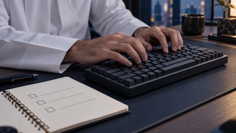 يدان تكتبان على لوحة مفاتيح ميكانيكية بجانب دفتر فيه قائمة من ثلاث خطوات