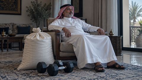 كيس رز ثقيل وأثقال رياضية على الأرض ورجل سعودي كبير يرتاح على كرسي