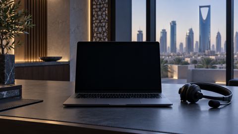 مكتب دعم فني عليه سماعة رأس ولابتوب في مكتب هادئ