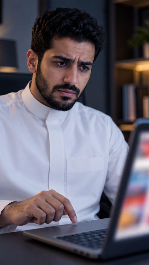 رجل سعودي متردد وإصبعه فوق لوحة اللمس أمام موقع مزعج