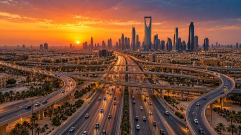 تقاطع طرق سريعة حديث شمال الرياض وقت الغروب وحركة سلسة نحو وسط المدينة