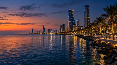 واجهة جدة البحرية والكورنيش وقت الغسق والبحر هادئ وأضواء المدينة مضاءة