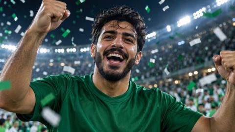 مشجع سعودي فرحان بقميص أخضر وقصاصات الاحتفال تتساقط حوله في ملعب ليلاً