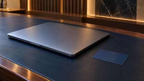 لابتوب وبطاقة بنكية كل منهما على حدة فوق مكتب سعودي
