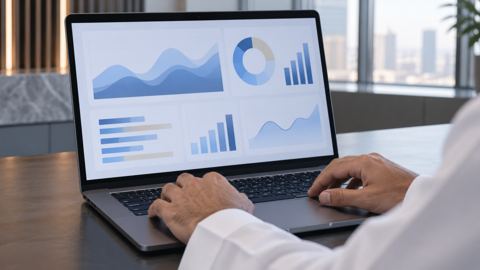 لابتوب يُستخدم لمراجعة بيانات العمل على مكتب سعودي نظيف