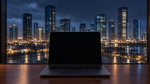 لابتوب على مكتب في سكن بالخارج وخلفه نافذة ممطرة تطل على أبراج زجاجية ليلاً